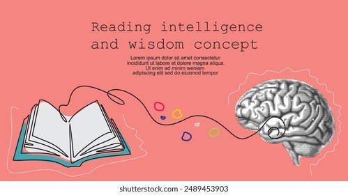 Gain knowledge from books - Open text book lying down with big human brain flying above. Reading, intelligence and wisdom concept, vector illustration