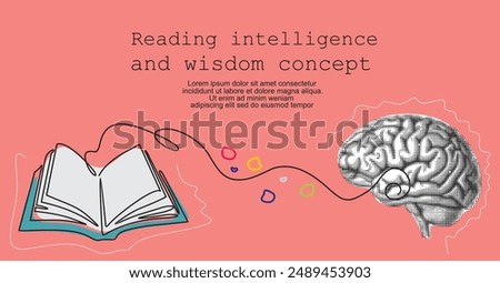 Gain knowledge from books - Open text book lying down with big human brain flying above. Reading, intelligence and wisdom concept, vector illustration