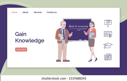 Gain knowledge landing page vector template. University lecturers and professors website interface with flat illustrations. Educational industry homepage layout. Web banner, webpage cartoon concept