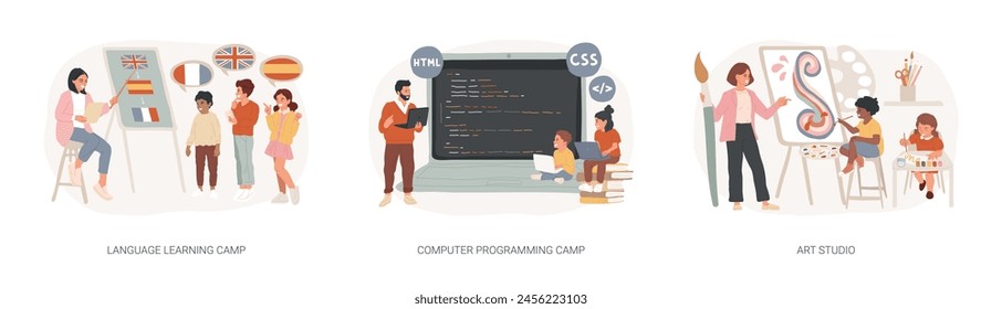 Gain knowledge and skills isolated concept vector illustration set. Language learning and computer programming camp, art studio, native speaker, creative space, painting lesson vector concept.