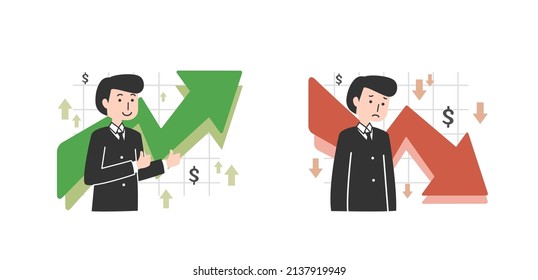 Gain and loss profit concept with a trader, up and down arrows, trading graph and money sign flat vector illustration isolated on white background. Cryptocurrency finance. svg