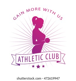 gain more with us badge with posing athletic girl, fitness logo on white