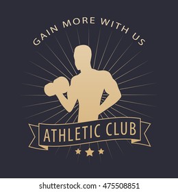 gain more with us emblem, logo with posing bodybuilder, vector illustration