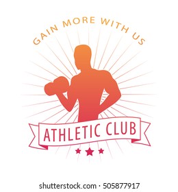 gain more with us emblem, logo with posing athlete, bodybuilder