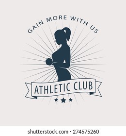 gain more with us emblem with posing athletic girl, vector illustration