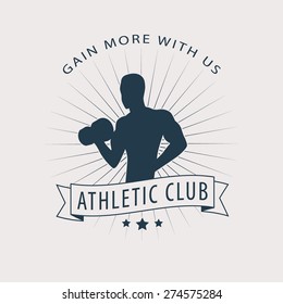 gain more with us emblem with posing athlete, vector illustration