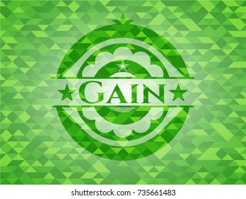 Gain realistic green emblem. Mosaic background