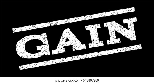 Gain watermark stamp. Text caption between parallel lines with grunge design style. Rubber seal stamp with dirty texture. Vector white color ink imprint on a black background.