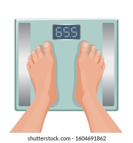 Gain weight concept. Fat female foot on scale. Vector