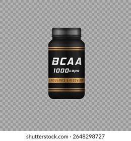 Gainer bottle vector. Isolated sport nutrition jar with label and cap. Matte black container mockup for whey protein, supplements or dietary powder in cosmetic or pharmaceutical packaging concept.


