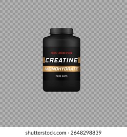 Gainer bottle vector. Isolated sport nutrition jar with label and cap. Matte black container mockup for whey protein, supplements or dietary powder in cosmetic or pharmaceutical packaging concept.

