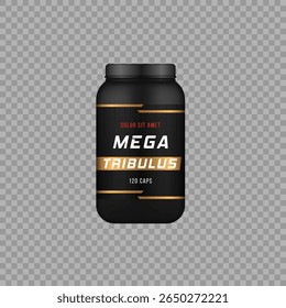 Gainer bottle vector. Isolated sport nutrition jar with label and cap. Matte black container mockup for whey protein, supplements or dietary powder in cosmetic or pharmaceutical packaging concept.

