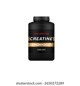 Gainer bottle vector. Isolated sport nutrition jar with label and cap. Matte black container mockup for whey protein, supplements or dietary powder in cosmetic or pharmaceutical packaging concept.

