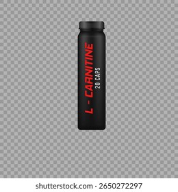 Gainer bottle vector. Isolated sport nutrition jar with label and cap. Matte black container mockup for whey protein, supplements or dietary powder in cosmetic or pharmaceutical packaging concept.

