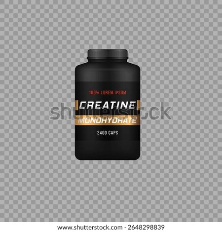 Gainer bottle vector. Isolated sport nutrition jar with label and cap. Matte black container mockup for whey protein, supplements or dietary powder in cosmetic or pharmaceutical packaging concept.

