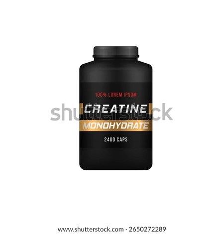 Gainer bottle vector. Isolated sport nutrition jar with label and cap. Matte black container mockup for whey protein, supplements or dietary powder in cosmetic or pharmaceutical packaging concept.

