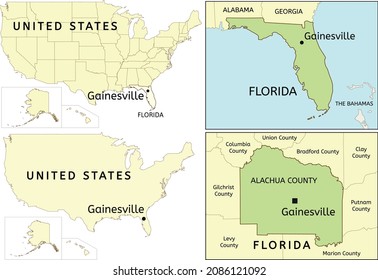 Gainesville City Location On USA, Florida State And Alachua County Map