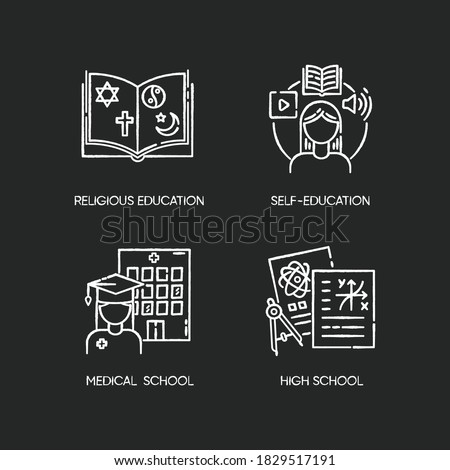 Gaining knowledge chalk white icons set on black background. Religious teaching, self education, medical school and highschool subjects. Academic learning. Isolated vector chalkboard illustrations