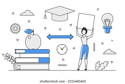 Gaining Knowledge In Educational Process. Learning Materials And Studies Program Vector Monocolor Illustration