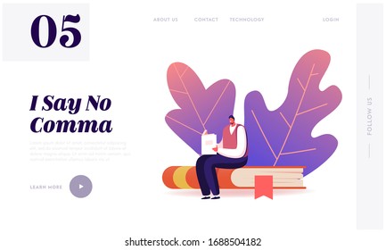 Gaining Knowledge Landing Page Template. Male Character Reading Sitting On Huge Book. Man Student Spend Time In Library Or Prepare For Grammar Test Examination In College. Cartoon Vector Illustration