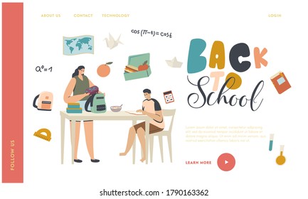 Gaining Knowledge Landing Page Template. Mother Put Lunch Box Into Son Rucksack. Boy Making Homework. Family Characters Mom And Student Prepare For School Lessons, Linear People Vector Illustration