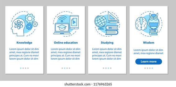 Gaining knowledge onboarding mobile app page screen with linear concepts. Studying process. Education steps graphic instructions. UX, UI, GUI vector template with illustrations