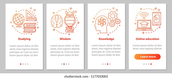 Gaining knowledge onboarding mobile app page screen with linear concepts. Studying process. Education steps graphic instructions. UX, UI, GUI vector template with illustrations