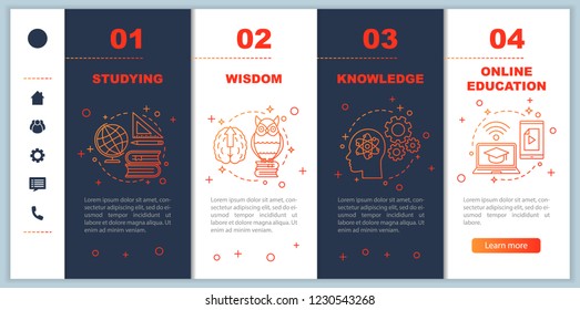 Gaining knowledge onboarding mobile web pages vector template. Studying process. Responsive smartphone website interface idea with linear illustrations. Education. Webpage walkthrough step screens