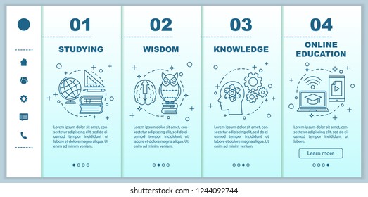 Gaining knowledge onboarding mobile web pages vector template. Studying process. Education. Responsive smartphone website interface idea with linear illustrations. Webpage walkthrough step screens