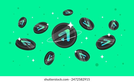 Gains Network (GNS) coins falling from the sky. GNS cryptocurrency concept banner background.