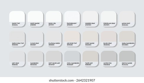 Gainsboro Color Palette. Gainsboro color Tone Swatch Chart with HEX Codes and Color Names. Cool Gray Variants . Warm Tints Shades white color Palette. white colour palette. Pale  Near-White Variants