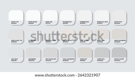 Gainsboro Color Palette. Gainsboro color Tone Swatch Chart with HEX Codes and Color Names. Cool Gray Variants . Warm Tints Shades white color Palette. white colour palette. Pale  Near-White Variants