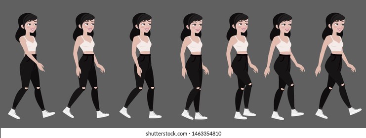 Gait beautiful student girl in trendy clothes. Teenager or fan in black jeans, animated walking.
