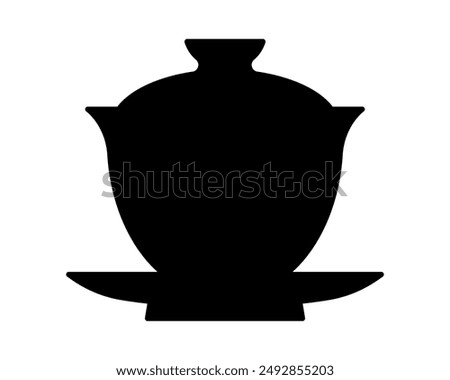 Gaiwan. Chinese tea ceremony tableware. Traditional orient item for tea drinks. Porcelain, tea, China culture. Black silhouette of handmade pottery. Simple and quiet vector illustration
