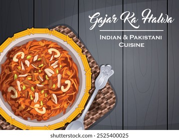 Gajar Halwa Bowl on Kitchen Towel with Silver Spoon Against Wooden Backdrop with Copyspace. Top View Indian and Pakistani Cuisine Vector Art 