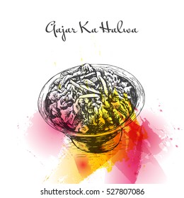 Gajar Ka Halva watercolor effect illustration. Vector illustration of Indian cuisine.