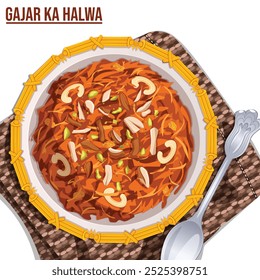 Gajar Ka Halwa or Carrot Pudding Bowl on Kitchen Towel with Silver Spoon. Garnished with Almonds, Cashews and Pistachios. Top View Traditional Indian and Pakistani Dessert 