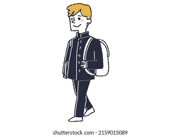 Gakuran Student zu Fuß mit dem Buch Comic handschriftliche Person Vector, warm Linie Zeichnung