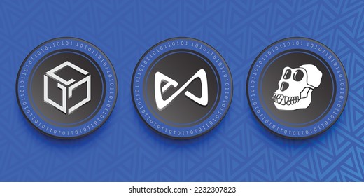 Gala, Axie Infinity (AXS), and Apecoin (APE) Crypto coin set banner svg