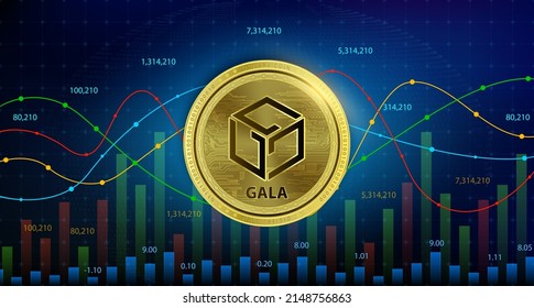 Gala (GALA) Coin Cryptocurrency Blockchain. Future Digital Currency Replacement Technology Alternative Currency, Silver Golden Stock Chart Number Up Down Is Background. 3D Vector Illustration.