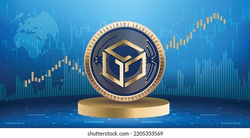 Gala crypto currency coin logo and symbol over financial infographic background. Futuristic technology vector illustration banner and wallpaper 