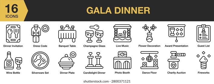 Gala Dinner icon set. Includes formal dining, banquet tables, elegant meals, celebrations and More. Outline icons vector collection.