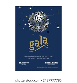 Galadinner Einladung Vorlage, Retro Disco Kugel und Gold Typografie auf dunkelblau