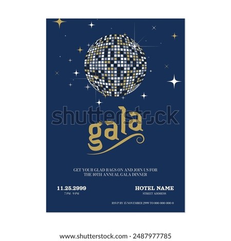Gala dinner invitation template, retro disco ball and gold typography on dark blue