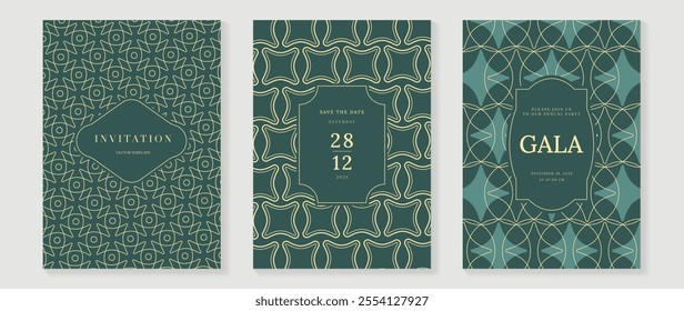 Gala invitation luxury pattern cover vector set. Golden elegant wavy gold line pattern on sage green background. Premium design illustration for wedding, vip cover template, grand opening, flyer.