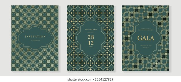 Gala invitation luxury pattern cover vector set. Golden elegant wavy gold line pattern on sage green background. Premium design illustration for wedding, vip cover template, grand opening, flyer.