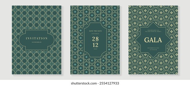 Gala invitation luxury pattern cover vector set. Golden elegant wavy gold line pattern on sage green background. Premium design illustration for wedding, vip cover template, grand opening, flyer.