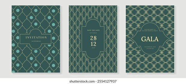 Gala invitation luxury pattern cover vector set. Golden elegant wavy gold line pattern on sage green background. Premium design illustration for wedding, vip cover template, grand opening, flyer.