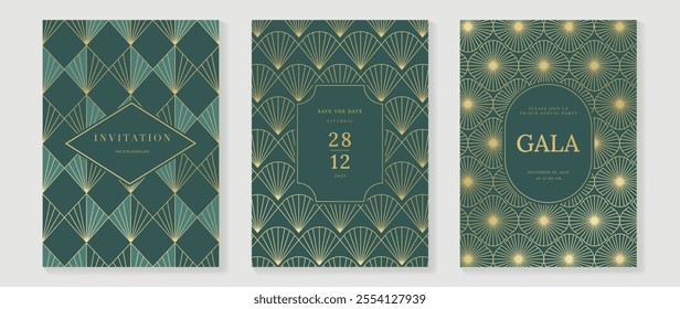 Gala invitation luxury pattern cover vector set. Golden elegant wavy gold line pattern on sage green background. Premium design illustration for wedding, vip cover template, grand opening, flyer.