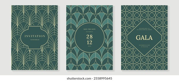 Gala invitation luxury pattern cover vector set. Golden elegant wavy gold line pattern on sage green background. Premium design illustration for wedding, vip cover template, grand opening, flyer.